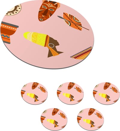 Onderzetters voor glazen - Rond - Afrika - Djembé - Patronen - Afrikaanse maskers - 10x10 cm - Glasonderzetters - 6 stuks