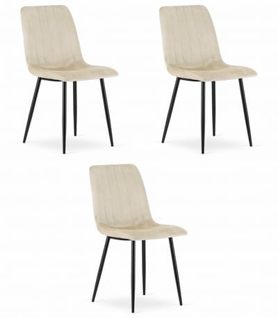Set van 3 Eetkamerstoelen LAVA - Lichtbeige - Zwarte Metalen Poten - Velvet Bekleding - Industriële Stijl, Max. 110 kg, Ergonomisch Design, Comfortabele Zitting