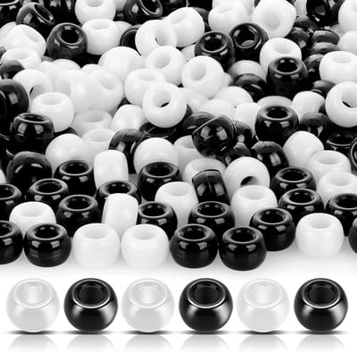 1000 stuks zwart-witte haarkralen voor vlechten - 6 x 9 mm plastic ondoorzichtige kinderen vat pony kralen voor ambachtelijke armbanden sieraden maken