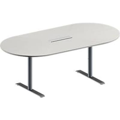 Schäfer Shop Genius Vergadertafel MODENA FLEX, in hoogte verstelbaar, 6-voudige contactdoos, ovale vorm, T-poot ronde buis, B 2000 x D 1000 mm, lichtgrijs