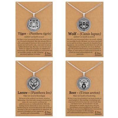 Beer / Wolf / Leeuw / Tijger Kettingen Set - Bundel van 4 Stoere Dieren - Zilverkleurig - 60cm - Pax Amare
