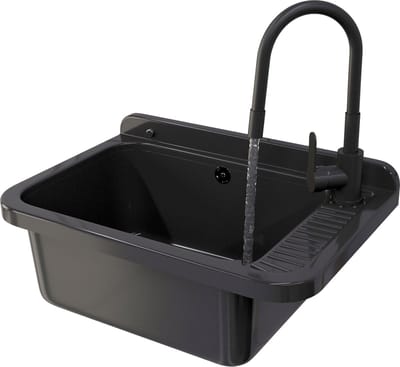 Granitan Gootsteen voor Garage Stookruimte Wasruimte Negra - Zwart - met Sifon en Kraan - 58x38x26cm