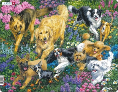 Larsen Honden in een veld met bloemen – Puzzel – Dieren – Honden – Educatieve legpuzzel voor kinderen – 32 stukjes – Gemaakt in Noorwegen – Extra dikke 2,5 mm stukjes – Tray met vaste rand