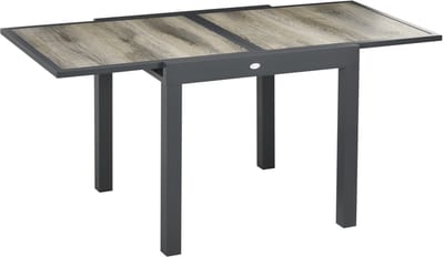 MEUNIQ uitschuifbare tuintafel eettafel 160 x 80 x 75 cm rechthoekig voor 6 personen met aluminium frame en houtlook tafelblad voor tuin terras en balkon beige grijs