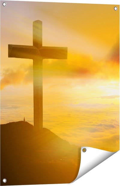Gards Tuinposter Kruis van Jezus Christus bij Zonsondergang - 60x80 cm - Tuindoek - Tuindecoratie - Wanddecoratie buiten - Tuinschilderij