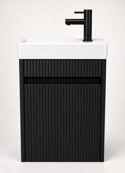 ZIMMER Toiletmeubel Set NOBLE Geribbeld 40x22,5x63 cm Mat zwart – Incl. Fontein, Zwarte Kraan & Sifon – Fonteinmeubel