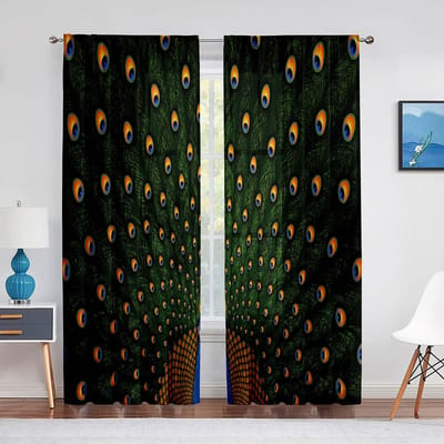 Pauw Groene Veren Vogels Dieren Huid Tule Gordijnen voor Woonkamer Slaapkamer Decoratie Chiffon Transparant Voile Raamgordijn 1 PCS W100XH250cm&Grommet Top
