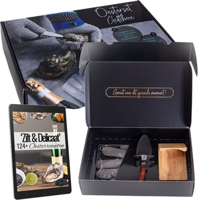 TEN® Geschenkset Oestermes Bruin met RVS Oesterhandschoen & Houten Oesterhouder + 124 Oesterrecepten - Cadeauverpakking/Zakelijk/Kado