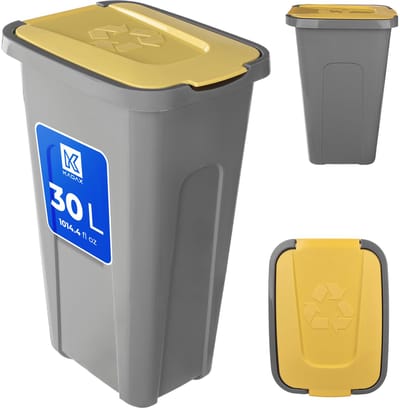 KADAX Vuilnisemmer voor afvalscheiding, 30 liter, robuuste afvalcontainer met luchtdicht klapdeksel, afvalcontainer voor afvalscheidingssysteem, afvalemmer van kunststof (1, geel deksel)