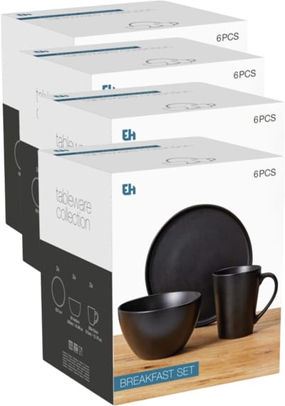 Excellent Houseware Ontbijt Servies set - 24-delig - zwart - keramiek - tafelservies - 8 personen
