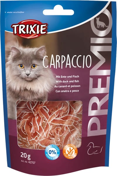 5 x Trixie kattensnack 20 gr premio CARPACCIO - 0% toegevoegde suikers - glutenvrij - met eend en vis