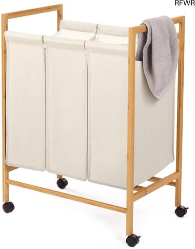 RFWR® Wasmand met 3 Vakken van Bamboe en Wielen – Praktische Oplossing voor het Sorteren van Wasgoed