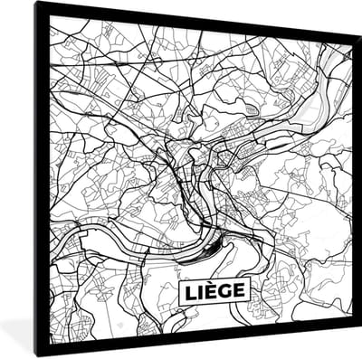 Fotolijst incl. Poster Zwart Wit- Zwart Wit – België – Plattegrond – Stadskaart – Kaart – Liège - 40x40 cm - Posterlijst