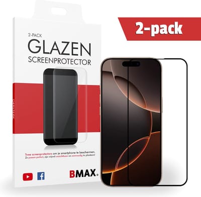 2-pack BMAX Screenprotector geschikt voor Apple iPhone 16 Pro - Full Cover gehard glas - Apple screenprotectors - Telefoonaccessoires - Telefonie & Accessoires - Beschermglas - Glas screenprotectors - Zwart