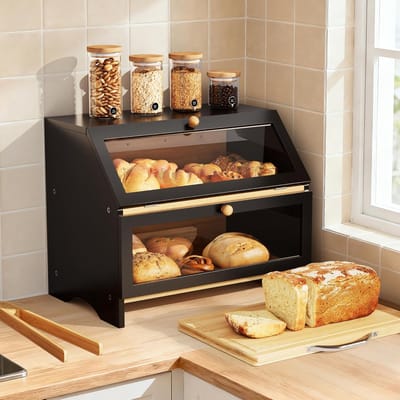Broodtrommel, 2-laags bamboe brooddoos, keukenopbergdoos met snijplank en broodtang, voedselcontainer met doorzichtig venster, gedeeltelijk voorgemonteerd, 39 x 25 x 32 cm, zwart