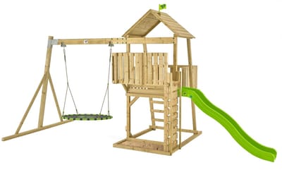 KINGSWOOD speeltoren - ladder - platform - zandbak - glijbaan - schommel - kinderstoel - FSC® hout h306 cm