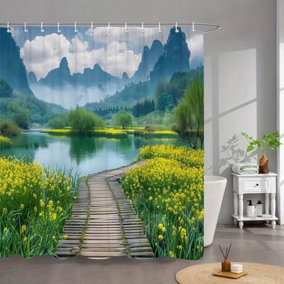 1Pc Extra Long Bathroom Curtain - Serene Landscape With Wooden Path, Tranquil Pond, Misty Mountains & Yellow Wildflowers W120H180(CM)-1 Pcs