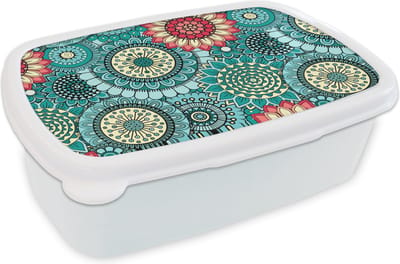 Broodtrommel Wit - Lunchbox - Brooddoos - Meisjes - Bloemen - Patronen - Girl - Kids - Kinderen - 18x12x6 cm - Volwassenen