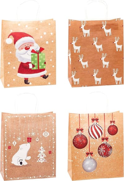 Kerst Kraft Papier Cadeauzakjes - 12 Stuks Groot (32x26x12cm)