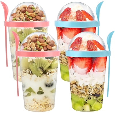 Unyqoos ® Muesli en Yoghurtbekers voor Onderweg - Handige Set van 4 met Lepels, Dubbel Laags Ontwerp, 400 ml Capaciteit