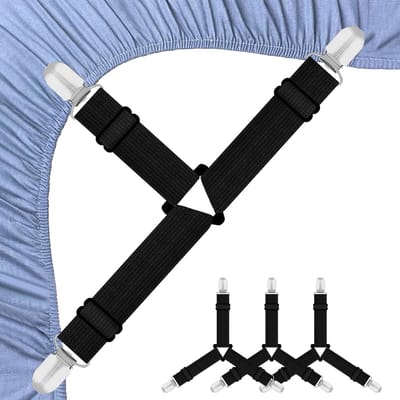 Elastische bedlakenhouders, 4 stuks, zwart, verstelbare bedlakenspanners met clips, clips voor driehoekig beddengoed voor beddengoed, matras, matrasbeschermer of bank