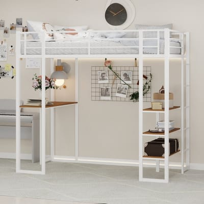 MODFU Hoogslaper – Wit metalen frame – Met bureau & trap aan beide zijden plaatsbaar – Ruimtebesparend