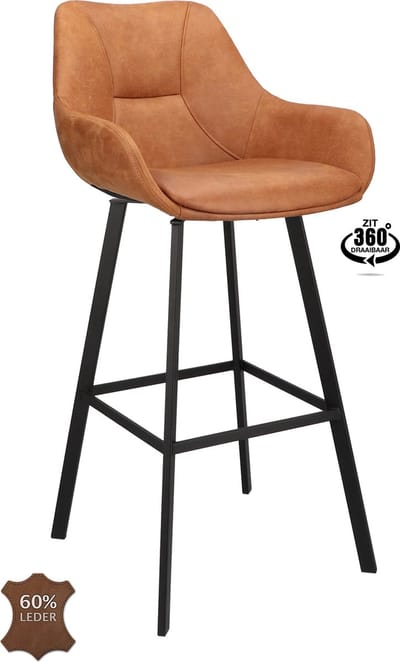 Icon Living - Barkruk Bradley Zithoogte 80 - Microleder Bull Camel - Poot Zwart
