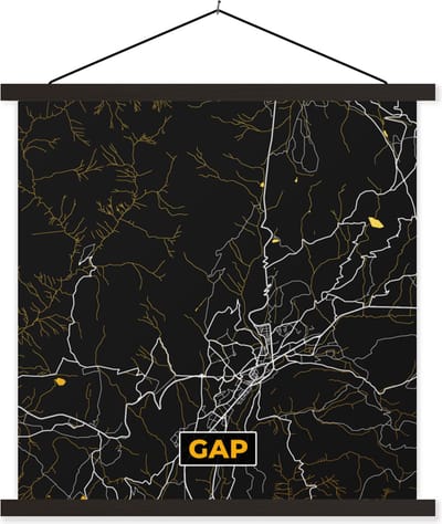 Posterhanger incl. Poster 60x60 cm - Schoolplaat - Kaart - Plattegrond - Frankrijk - Gap - Stadskaart - Textielposter - Zwarte latten - Stadskaart