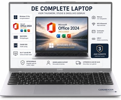 GMR 15.6 Inch Full HD Laptop | Office 2024 Inclusief | Windows 11 Pro | 8GB RAM | 256GB SSD | Direct Klaar voor Gebruik | Laptop voor Thuiswerk, Studie, School, E-mail, Internet & Kantoor | Nederlandse Support & Garantie