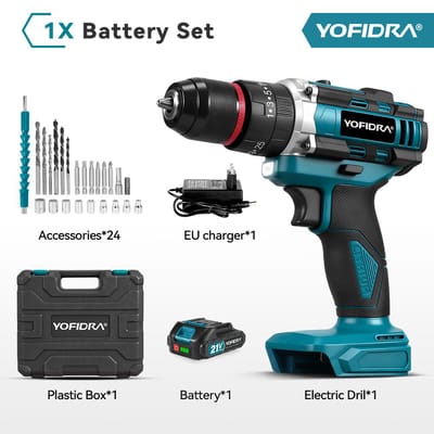 YOFIDRA 3-in-1 Elektrische Klopboormachine 25+3 Koppel Handheld Accu Klopboormachine Houtbewerking Gereedschap Voor Makita 21V Batterij Pin 1 Battery-EU Plug