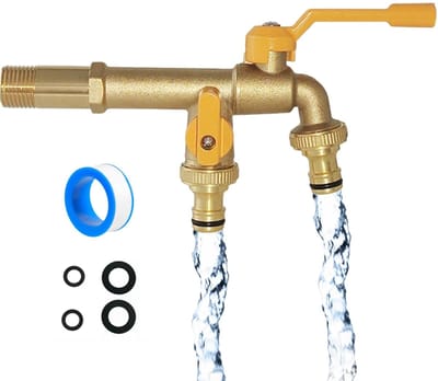 Dailygoods - Dubbele Uitlaat Tuinkraan, Buiten Dubbele Kranen Waterkraan met 1/2 Inlaat en 2 X3/4 Inch Uitlaataansluiting, Roestvrijstalen Messing Slang Splitter 2-Weg voor Tuin Huishoudelijke Industrie