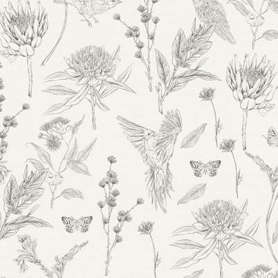 Vogels behang Profhome 394292-GU vliesbehang hardvinyl warmdruk in reliëf licht gestructureerd met bloemen patroon mat wit zwart 5,33 m2