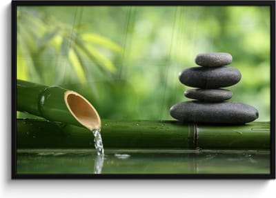 Poster in lijst - Fotolijst 120x80 cm - Posters - Zen - Stenen - Groen - Natuur - Bamboe - Posterlijst zwart - Wanddecoratie badkamer - Muurdecoratie WC - Decoratieve accessoires - Toilet muur decoratie