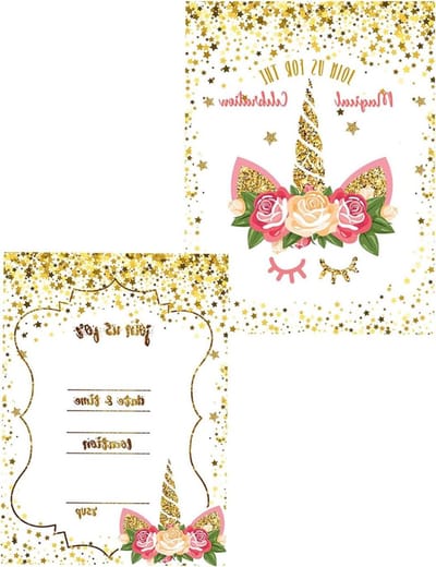 Allecto Plus - Uitnodigingskaarten Kinderverjaardag met Glitter Eenhoorn - Set van 12 - Regenboogkleuren - Voor Jongen of Meisje - Feest Kinderfeestje en Schoolinschrijving