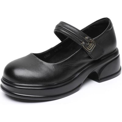 Nieuwe Dikke Zool Leren Schoenen voor Vrouwen met Grote Maat Dikke Hak Loafers Lage Mond Mary Jane Dames Enkele Schoenen 43 black