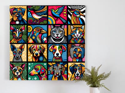 Pop art dieren schilderij | Creatief samenspel: Dieren in de wereld van Pop Art | Kunst - 40x40 centimeter op Dibond | Foto op Dibond
