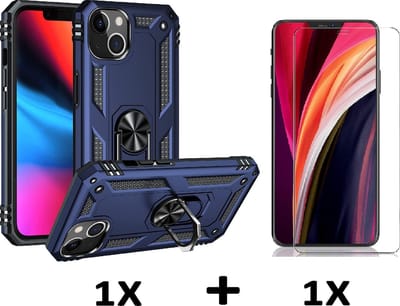 HB Hoesje Geschikt voor Apple iPhone 13 - Blauw / Glazen Screenprotector - Anti-Shock Hybrid Armor Back Cover - Hoes met Kickstand Ring