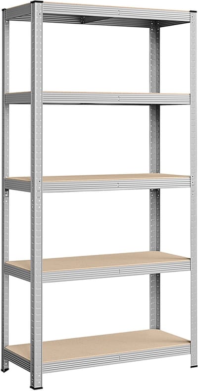 Opbergrek 1-delige set staand opbergrek met 5 lagen planken, stevig metalen frame, elke plank kan tot 175 kg dragen, geschikt voor garage, kelder en keuken, 40 x 90 x 180 cm Zilverkleurig