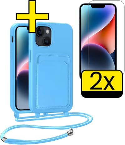 Hoesje Geschikt voor iPhone 13 Telefoonhoesje Met Koord Case Pashouder Met 2x Screenprotector Siliconen - Hoes Geschikt voor iPhone 13 Hoesje Met Kaarthouder - Lichtblauw