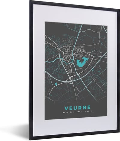 Fotolijst incl. Poster - België – Veurne – Stadskaart – Kaart – Blauw – Plattegrond - 30x40 cm - Posterlijst