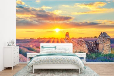 Behang - Fotobehang Lavendel - Zonsondergang - Ruïne - Paars - Breedte 400 cm x hoogte 300 cm