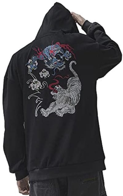 Hoodie met Geborduurde Draak en Tijger | Streetwear voor Mannen | Zwarte Hip Hop Sweater | Techwear Sweatshirt