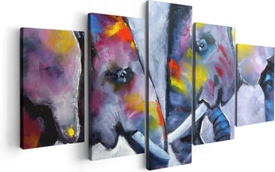 Artaza Canvas Schilderij Vijfluik Twee Getekende Olifanten - Abstract - 100x50 - Foto Op Canvas - Canvas Print