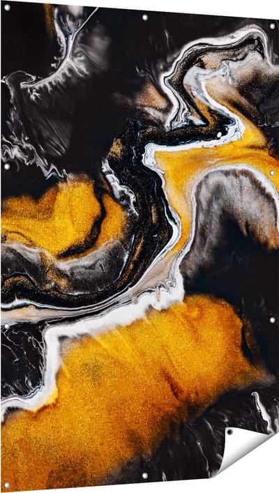 Gards Tuinposter Abstracte Kunst van Zwarte Gouden Verf - 100x150 cm - Tuindoek - Tuindecoratie - Wanddecoratie buiten - Tuinschilderij