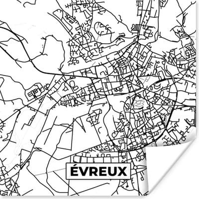 Poster Stadskaart - Frankrijk - Évreux - Kaart - Plattegrond - Zwart wit - 100x100 cm XXL