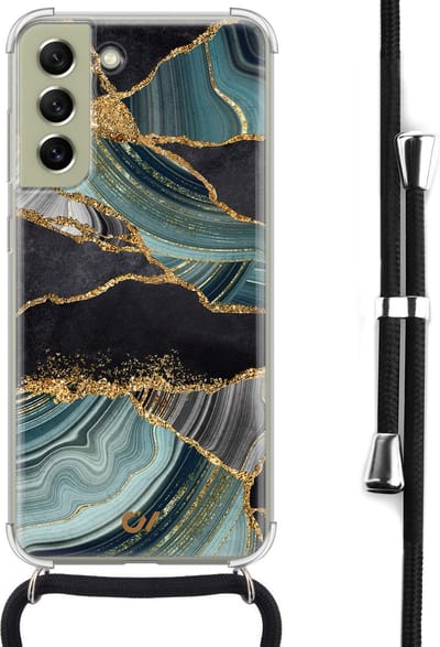 Telefoonhoesje met koord geschikt voor Samsung S21 FE - Marble Jade Stone - Inclusief koord - Transparant, Groen - - Crossbody beschermhoes - Met Telefoonketting