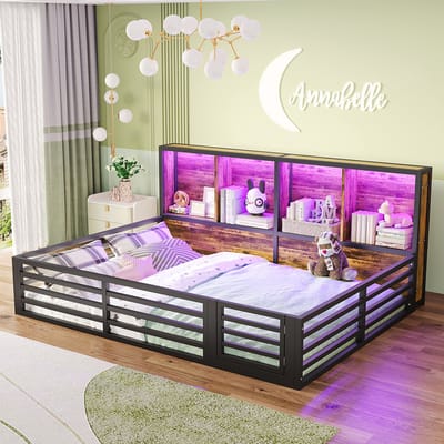 Komhtom Hemelbed, 140 x 200 cm, dagbed, platform, bedzijde met opbergvak, bed met lattenbodem (zonder matras), balustrade, metaal, zwart
