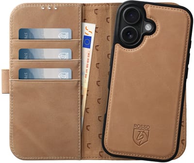 Rosso Elite Hoesje Geschikt voor Apple iPhone 17 | Compatibel met MagSafe / Qi2 | Book Case en Back Cover | Magnetisch Uitneembaar | Echt Leer Beschermhoes met Pasjeshouder | Licht Bruin