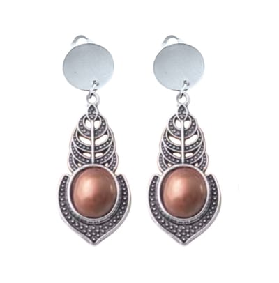 Clip oorbellen -Enza- zilverkleur -Tibetaans look- Bruin- 5 cm- geen gaatje- Charme Bijoux