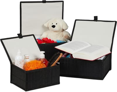Famanu – Opbergmand set van 3 - met deksel en stoffen hoes - van bamboe - ook als decoratie - in 3 versch. groottes - zwart